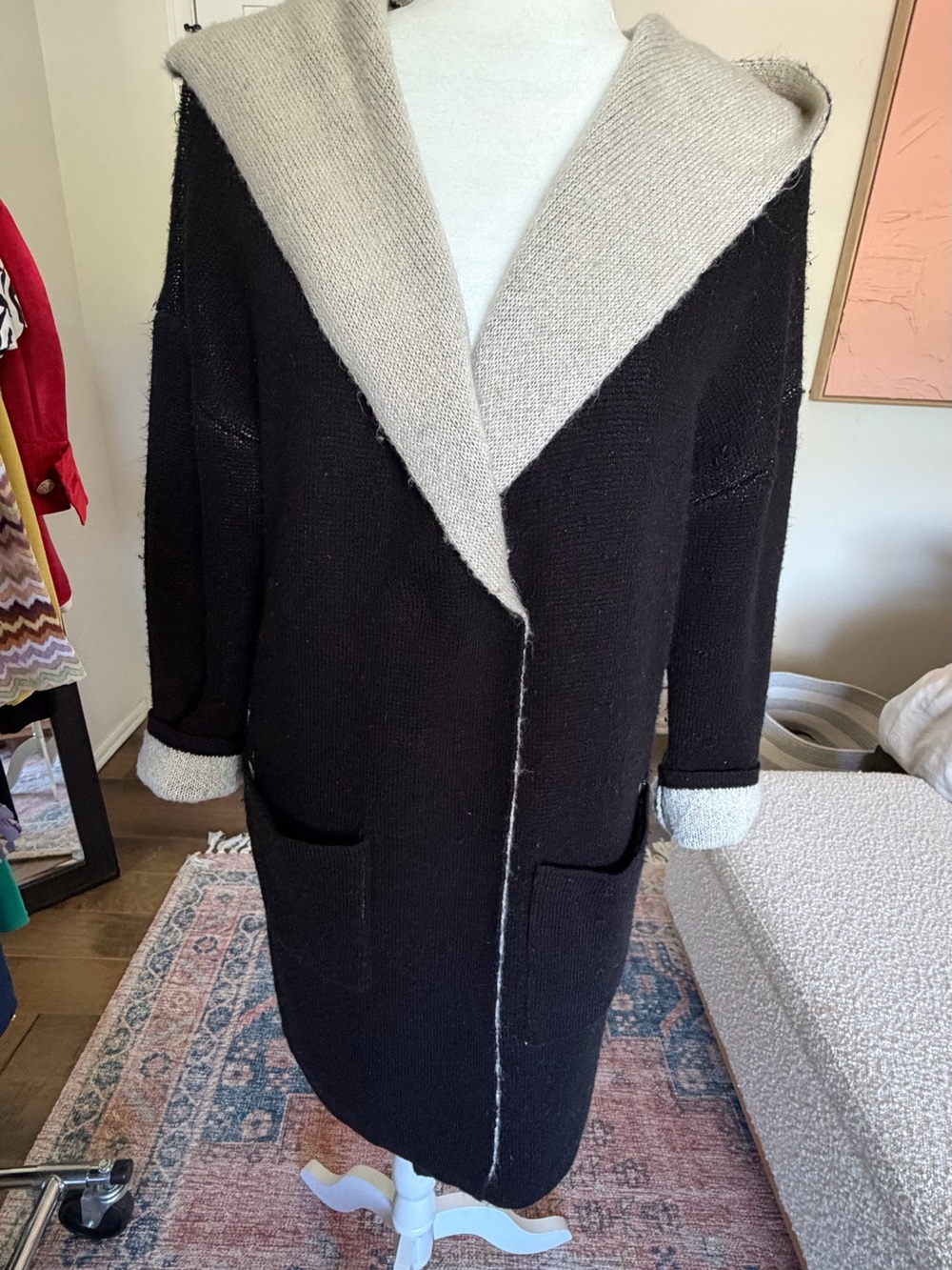 Blank NYC Black Sweater Coat with Cream Hood & Cuffs